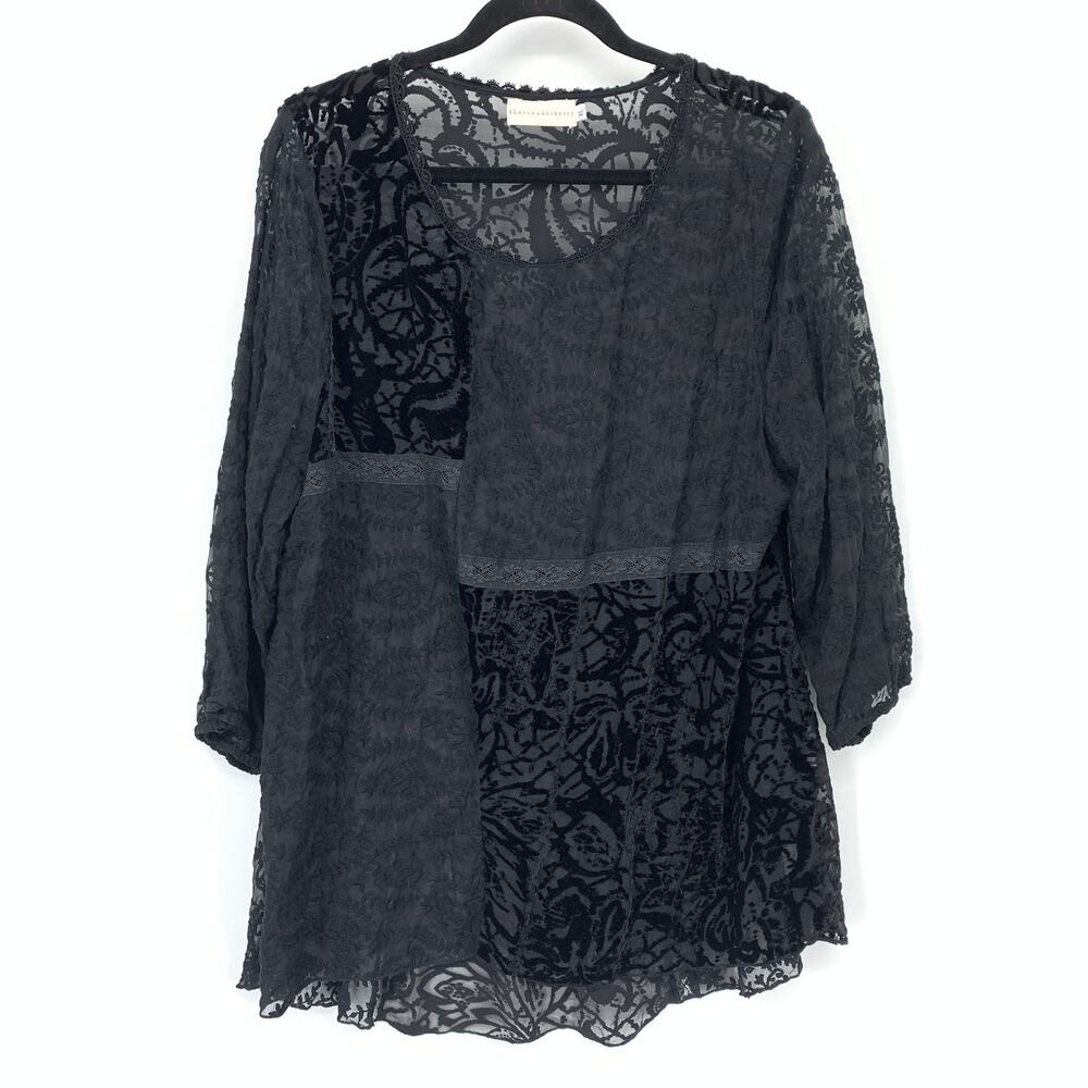 4 Love and Liberty Johnny Was Top XL Black Sheer Velvet Burnout Lace Patchwork